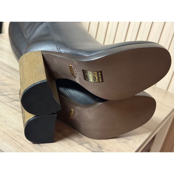 GUCCI Gold Heel Black Leather Knee Boots "Lifford" Size 37 IT / 7 US Authentic - Picture 9 of 16